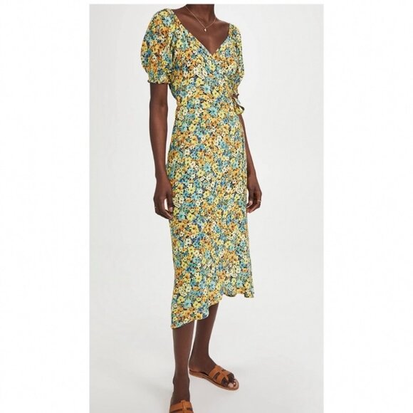 L Space Talia Puff Sleeve Ruffle Trim Tie Midi Wrap Dress Boho Peasant Medium - Picture 1 of 12